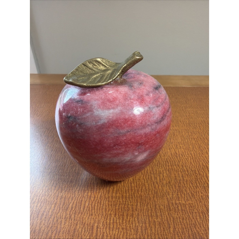 Vintage 1960's Red Marble Apple Figurine Brass Stem Leaf Stone Paperweight 3.5"